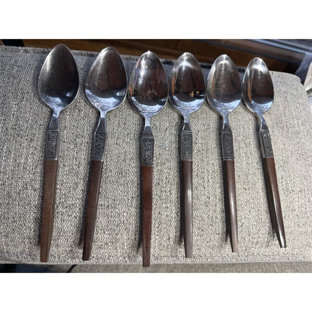 Ekco Eterna‎ Stainless Steel Spoons Set of 6 Faux Wood Handle Mid Century Modern